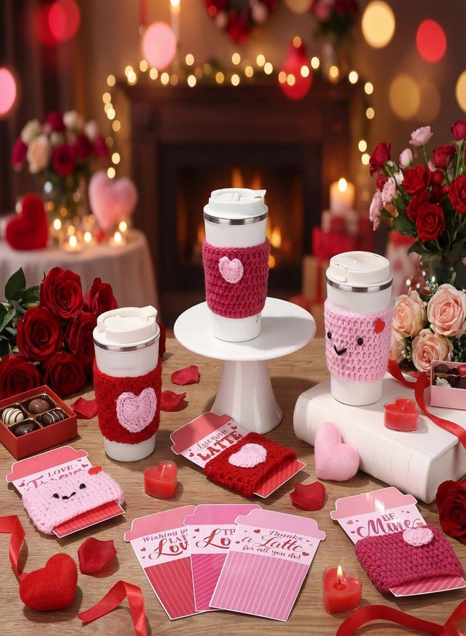 Potchen 6 Set Valentine's Day Gift Card Holders with Heart Crochet Coffee Cozy Sleeve Pink Valentines Coffee Cup Gift Card Sleeves for Appreciation Teacher Friends Colleague Staff Party Favors - Image 2